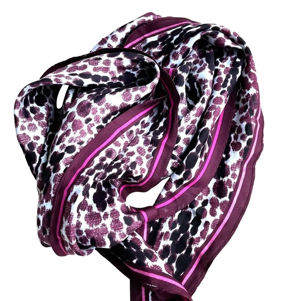 Vintage silk scarf berry pink animal print long rectangle pointy ends neck tie